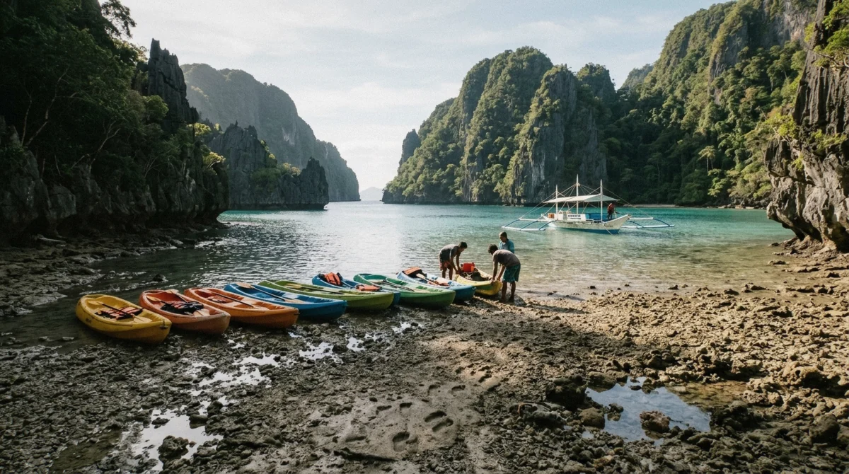 Empty kayaks resting on shallow gravel at a lagoon entrance at low tide with limestone walls behind on an El Nido island hopping tour, Bacuit Bay, Palawan