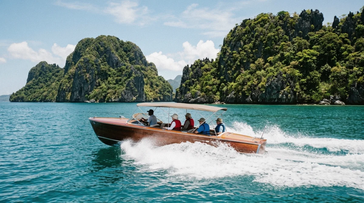 Wooden bangka anchored off a limestone island with passengers wading ashore for a short stop on an El Nido island hopping tour, Bacuit Bay, Palawan
