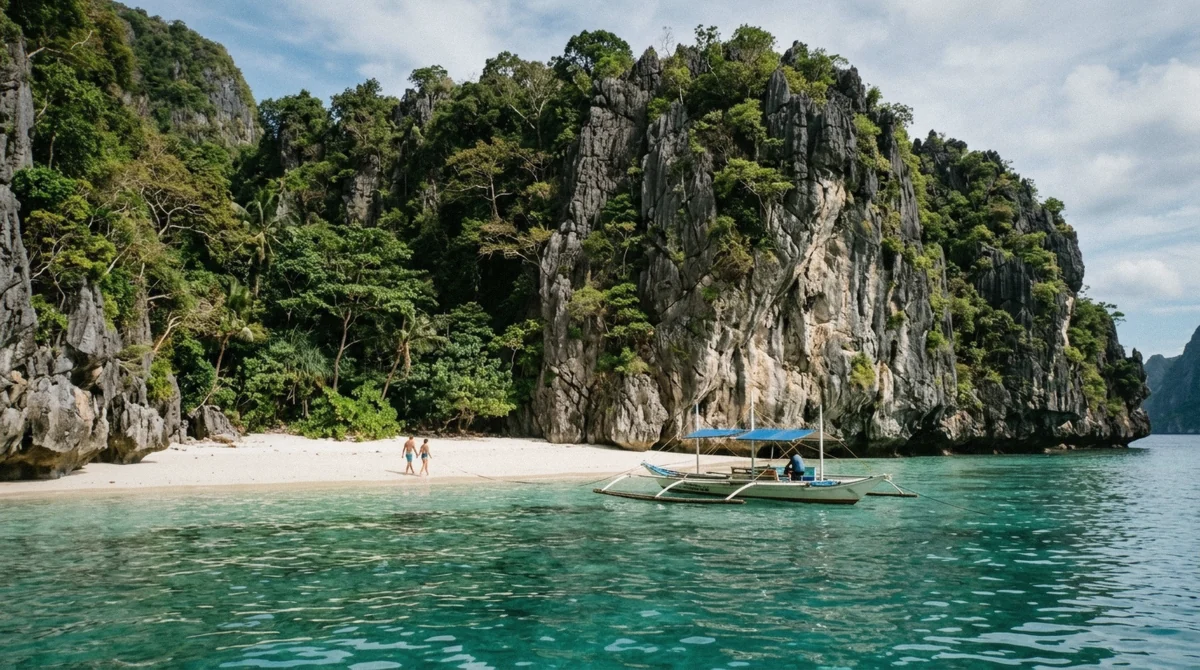 Two-seat kayak at the narrow inlet of the Big Lagoon with a queue of boats waiting outside on an El Nido island hopping tour, Miniloc Island, Palawan