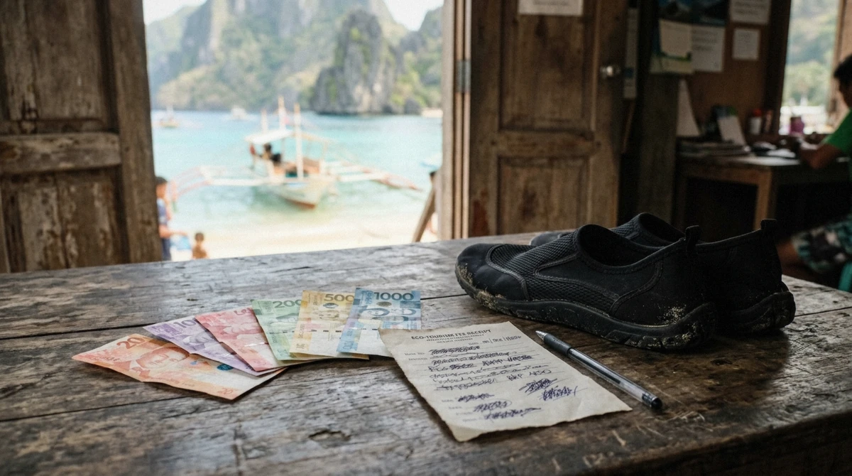 Peso banknotes and an eco-tourism fee receipt laid on a wooden table beside a mask and snorkel before an El Nido island hopping tour, Bacuit Bay, Palawan
