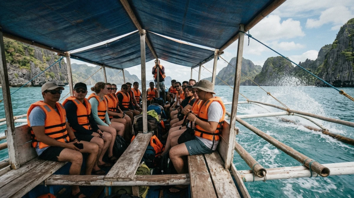 Picnic lunch of grilled fish, rice and mango laid out on a bangka table at Shimizu Island during an El Nido island hopping tour, Bacuit Bay, Palawan