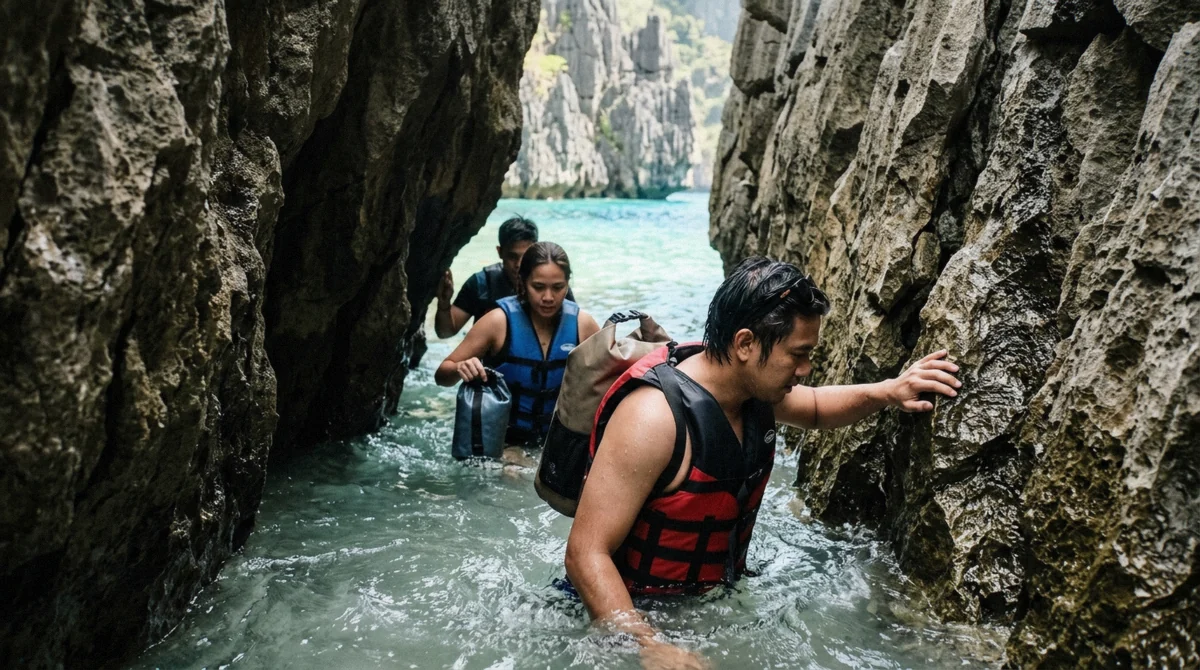 Line of swimmers wading over shallow reef toward the rock gap that hides Hidden Beach, bangkas anchored behind them, on an El Nido island hopping tour C, Matinloc Island, Palawan