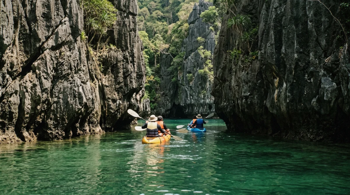 Single kayak paddling through the narrow rock entrance of the Small Lagoon with no other boats in sight on an El Nido island hopping tour D, Miniloc Island, Palawan