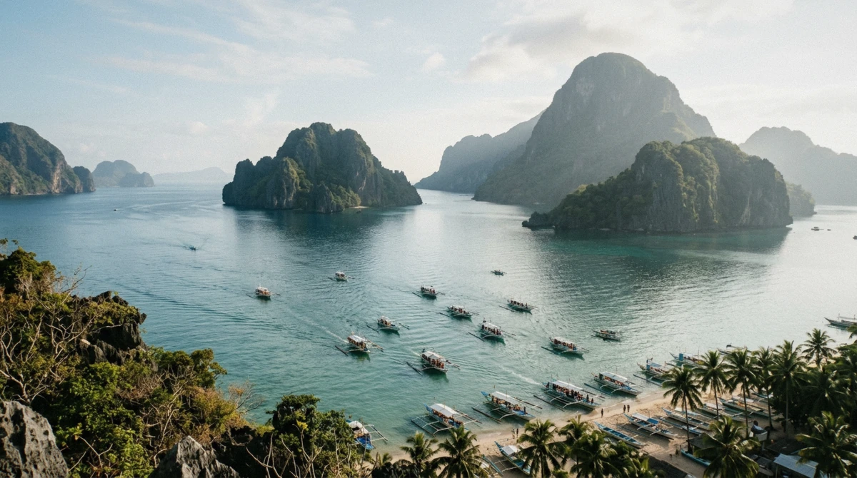 Four wooden bangkas fanning out from El Nido town beach toward the limestone islands of Bacuit Bay at nine in the morning on an El Nido island hopping tour, Palawan