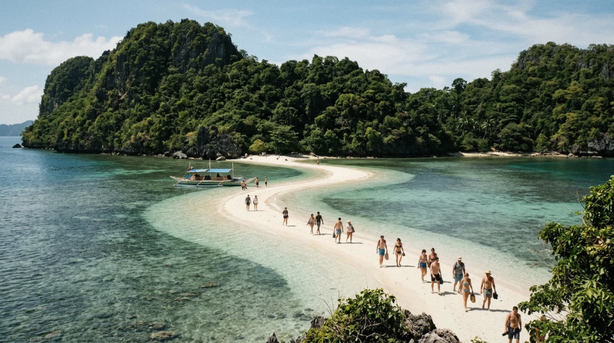 Tidal sandbar of Snake Island curving between two limestone islands with a single bangka anchored at its tip on an El Nido island hopping tour B, Bacuit Bay, Palawan