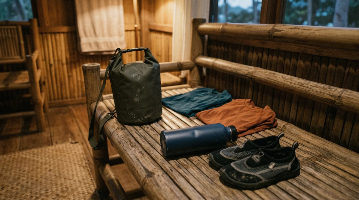 Family day bag on a bangka bench with a refillable bottle, reef shoes, rash guards and a dry bag, packed for El Nido island hopping with kids, Palawan
