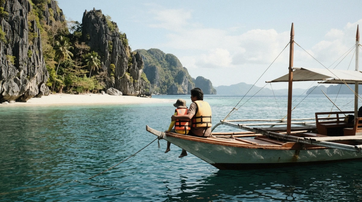 Parent and small child in orange life vests stepping off a wooden outrigger onto a white-sand beach on an El Nido island hopping tour, Bacuit Bay, Palawan