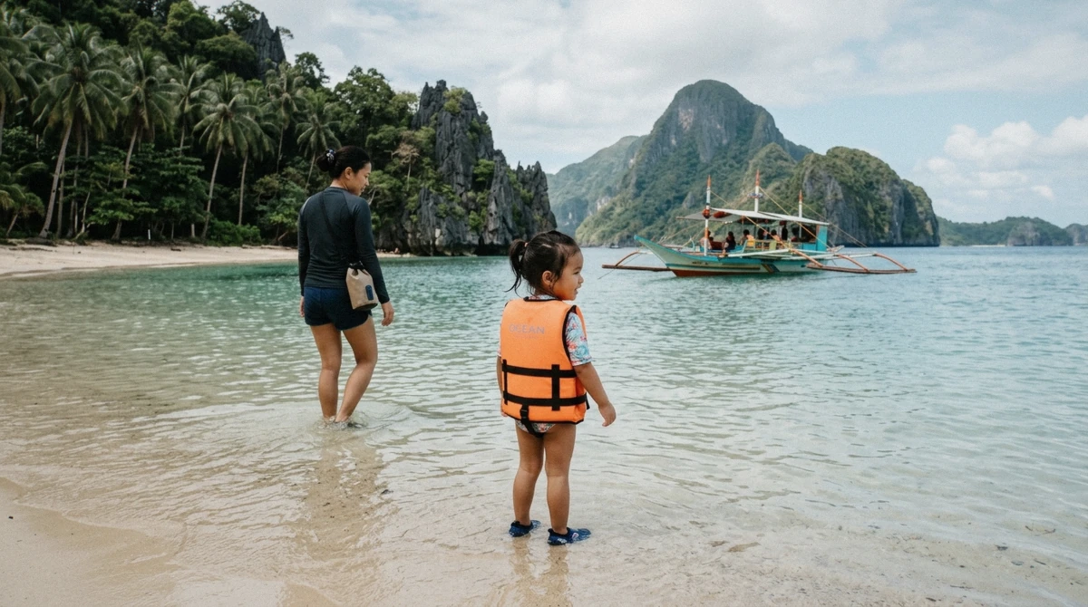 Adult and child sharing a two-seat kayak between limestone walls at the entrance to the Small Lagoon on an El Nido island hopping tour, Miniloc Island, Palawan